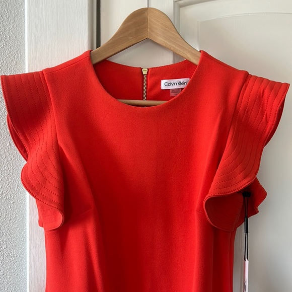 CALVIN KLEIN | Women's Ruffled-Shoulder Sheath Dress NWT 6, Bright Orange - Picture 3 of 9